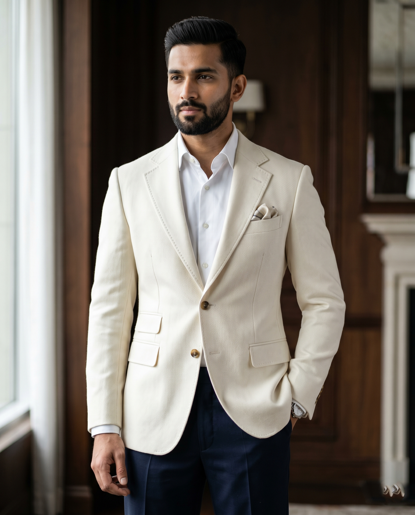 Men's Slim Fit Premium Textured Cream Blazer Sport Coat