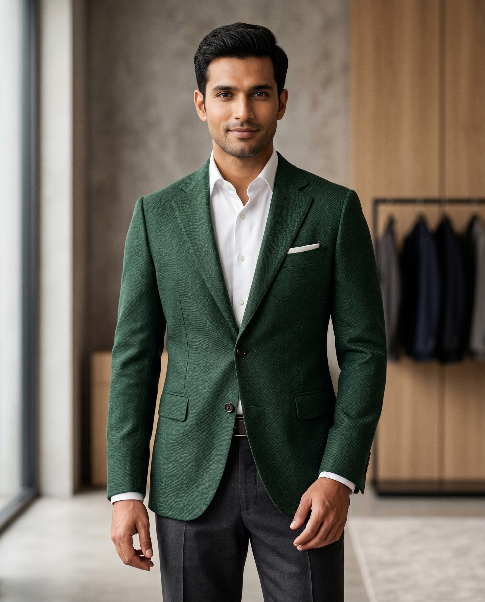 Men's Slim Fit Emerald Green Textured Blazer
